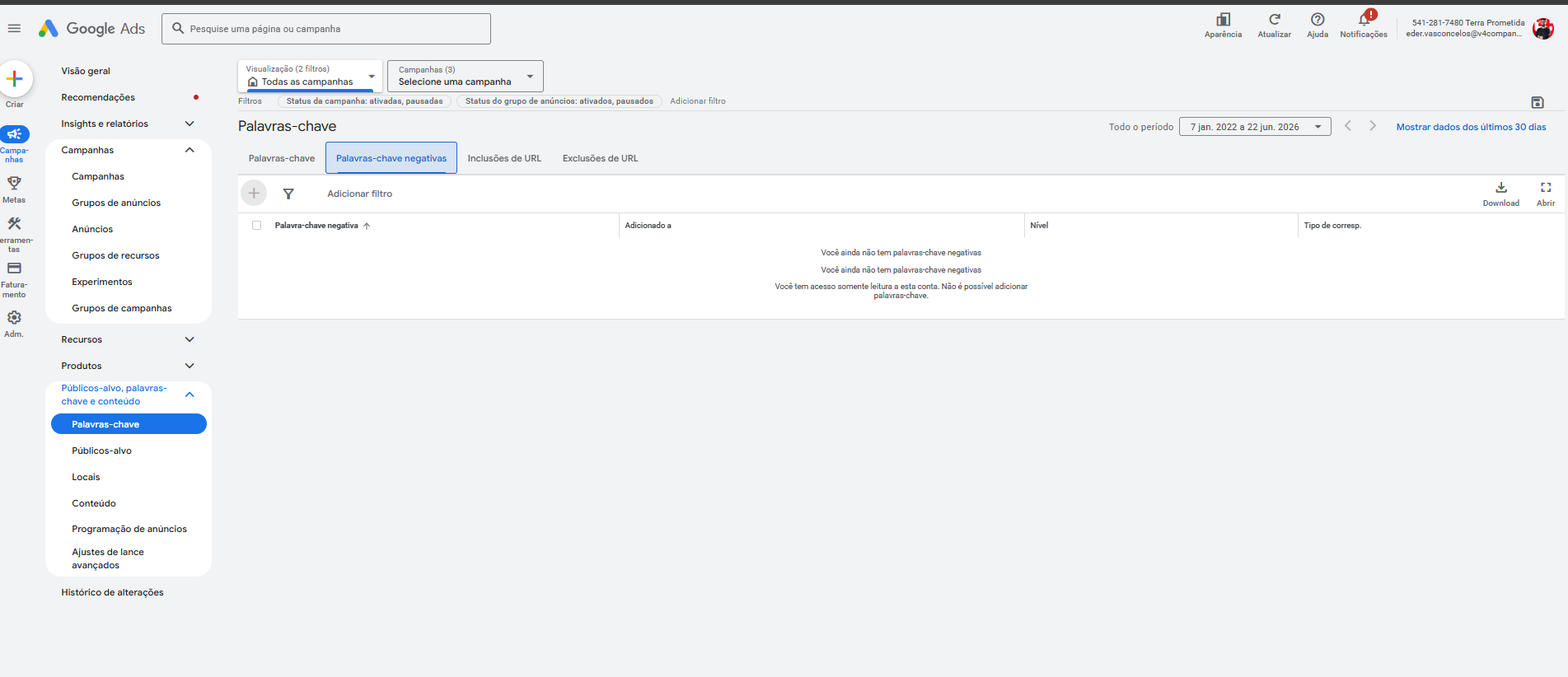 Print de palavras-chave negativas do Google Ads